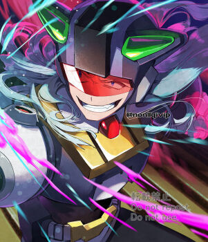 1boy android armor assault_visor black_armor black_helmet blue_eyes dynamo_(mega_man) grey_hair helmet long_hair male_focus mega_man_(series) mega_man_x_(series) red-tinted_eyewear smirk solo tinted_eyewear twitter_username upper_body watermark yamanashi_taiki