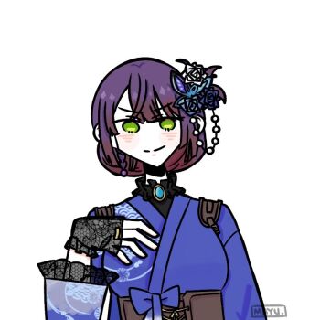 Rule 34 | >:), 1girl, arm at side, artist name, assault lily, black collar, black gloves, blue bow, blue flower, blue kimono, blush, bow, braid, brooch, butterfly hair ornament, closed mouth, collar, commentary request, fingerless gloves, flower, frilled collar, frilled gloves, frills, funada kiito, gloves, green eyes, hair flower, hair ornament, hand up, japanese clothes, jewelry, kimono, lace, lace gloves, long sleeves, looking at viewer, mayu (yu e1602), official alternate costume, official alternate hairstyle, pearl hair ornament, print kimono, purple hair, ring, seigaiha, short hair, side braid, simple background, single braid, solo, underbust, upper body, v-shaped eyebrows, white background, white flower, wide sleeves