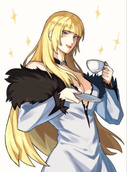 Rule 34 | 1girl, bare shoulders, blonde hair, blush, breasts, cleavage, cup, dress, emilie de rochefort, kaphwan0106, lips, long hair, long sleeves, plate, purple eyes, tekken, tekken 8, wide sleeves