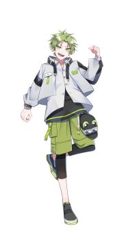 1boy absurdres artist_request black_shirt collared_shirt colorful_peach full_body green_eyes green_hair green_shorts hat highres jacket long_sleeves looking_at_viewer male_focus official_art open_clothes open_jacket open_mouth sharp_teeth shirt shoes short_hair shorts simple_background siva_(colorful_peach) smile solo standing standing_on_one_leg teeth transparent_background unworn_eyewear unworn_hat unworn_headwear white_jacket white_shirt