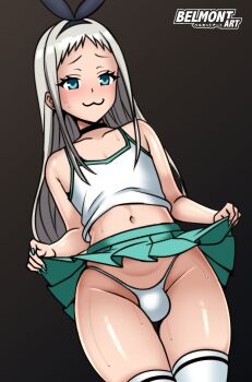 1boy :3 absurdres artist_name bare_shoulders belmont_art black_choker blend_s bulge camisole choker clothes_lift collarbone embarrassed eyelashes feet_out_of_frame fingernails flat_chest from_below gradient_background green_camisole green_eyes green_nails green_skirt grey_background grey_hair highres kanzaki_hideri long_fingernails long_hair looking_at_viewer looking_down male_focus nail_polish navel nervous nervous_sweating panties penis_in_panties simple_background skirt skirt_lift solo standing sweat thigh_gap thighhighs trap two-tone_camisole underwear white_camisole white_panties white_thighhighs