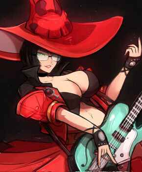 Rule 34 | 1girl, artist name, black hair, black shirt, breasts, center opening, cleavage, commentary, fingerless gloves, glasses, gloves, grin, guilty gear, guilty gear strive, guitar, hat, highres, holding, holding guitar, holding instrument, i-no, instrument, jacket, large breasts, looking at viewer, mole, mole under eye, omiza somi, red hat, red jacket, shirt, short hair, smile, solo, witch hat