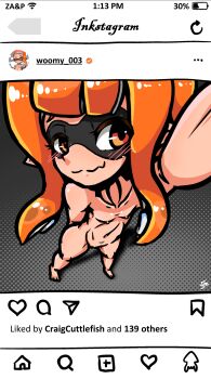 1girl battery_indicator blunt_bangs blush breasts closed_mouth collarbone completely_nude fake_screenshot female_focus from_above half-closed_eyes heart highres inkling inkling_girl inkling_player_character instagram instagram_username loli long_hair magnifying_glass navel nintendo nipples nude orange_eyes orange_hair plus pointy_ears selfie small_breasts smile solo splatoon_(series) splatoon_1 squid standing tentacle_hair uncensored verymediocre wavy_mouth wi-fi_symbol
