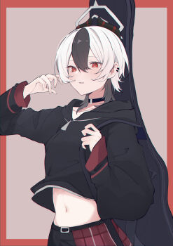 1girl absurdres alternate_hairstyle black_choker black_hair black_hoodie black_horns blue_archive blush border choker collarbone commentary_request demon_horns ear_piercing grey_background guitar_case hair_between_eyes halo highres hood hoodie horns instrument_case kayoko_(blue_archive) long_sleeves looking_at_viewer navel outside_border parted_lips piercing red_border red_eyes red_skirt short_hair sidelocks skirt solo stomach toku_(toku_9730) white_hair wolf_cut