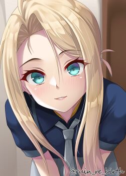 1girl ahoge asymmetrical_hair belt blonde_hair blue_shirt brown_belt commentary_request green_eyes grey_neckerchief grey_skirt kantai_collection leaning_forward long_hair looking_at_viewer neckerchief ruin_re_birth shirt short_sleeves skirt smile solo wasp_(kancolle)