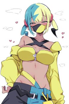 1girl absurdres aqua_hair blonde_hair blue_eyes blush breasts canari_(pokemon) cleavage commentary_request cowboy_shot dark-skinned_female dark_skin hand_on_own_hip heart highres jacket looking_at_viewer maruichi_pepeto mask medium_breasts midriff mouth_mask multicolored_hair navel nintendo off_shoulder pants pokemon pokemon_legends:_z-a simple_background solo split-color_hair twintails white_background yellow_jacket