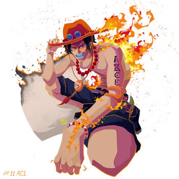 1girl abs absurdres arm_tattoo black_hair black_shorts bracelet clenched_teeth commentary elbow_pads fire hat highres inktober jewelry looking_at_viewer msudrawings one_piece orange_hair orange_hat paper portgas_d._ace short_hair shorts single_elbow_pad smile squatting tattoo teeth topless_male