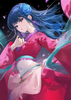 1girl blue_hair commentary_request dancing dress earrings flower frilled_dress frills hair_flower hair_ornament highres jewelry kinokohime kusuriya_no_hitorigoto long_hair looking_at_viewer maomao_(kusuriya_no_hitorigoto) midriff navel parted_lips pinky_out purple_eyes red_dress red_skirt skirt solo teardrop_earrings wide_sleeves