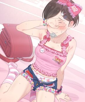 1girl alternate_costume armpits backpack bag bed_sheet blush bow_hairband bracelet breasts camisole clothes_writing collarbone condom condom_wrapper covering_face denim denim_shorts hairband heisei_retro highres holding holding_condom idolmaster idolmaster_cinderella_girls jewelry jojifuku mature_female medium_breasts mouth_hold neku_oneneko on_bed open_clothes open_shorts panties pink_camisole print_camisole print_panties randoseru red_bag sasaki_chie&#039;s_mother short_shorts shorts sitting smile socks solo striped_clothes striped_socks sweatdrop underwear yokozuwari