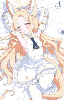 1girl absurdres animal_ear_fluff animal_ears armpit_focus armpits arms_behind_head arms_up bed bird black_necktie blonde_hair blue_archive blue_necktie blush bow breasts cross_halo detached_sleeves dot_nose dress extra_ears flower footwear_bow forehead fox_ears fox_girl fox_tail frilled_dress frills ginichu1003 hair_flower hair_ornament half-closed_eyes halo highres knee_up loli long-tailed_tit long_hair looking_at_viewer lying necktie on_back open_mouth pantyhose seia_(blue_archive) sleeve_bow sleeveless sleeveless_dress small_breasts solo striped_clothes striped_pantyhose tail tail_bow tail_ornament tit_(bird) vertical-striped_clothes vertical-striped_pantyhose very_long_tail white_dress white_pantyhose yellow_eyes yellow_halo