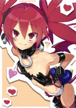 1girl absurdres bandeau bare_shoulders black_bandeau black_collar black_gloves blush closed_mouth collar commentary_request cowboy_shot demon_girl demon_tail demon_wings disgaea etna_(disgaea) fang fang_out flat_chest gloves heart highres jank365m looking_at_viewer polka_dot polka_dot_background red_eyes red_hair smile solo tail twintails variant_set wings