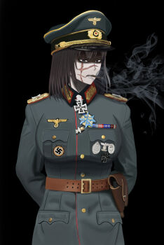 1girl absurdres breasts brown_hair buttoned_up_jacket buttons cigar cross grey_eyes hands_behind highres holster iron_cross lapels large_breasts looking_at_viewer medal military multiple_scars nazi neo original reichsadler scar scar_on_face shaded_face smoke smoking swastika world_war_ii