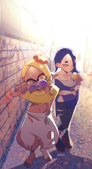 2girls ^_^ adjusting_eyewear alley asymmetrical_hair ayako_(a_yaco_) backlighting bare_shoulders black_leggings black_socks blonde_hair blue_hair blue_shawl blush breasts closed_eyes clothing_cutout collarbone covered_collarbone crop_top cup dark-skinned_female dark_skin day disposable_cup drink drinking drinking_straw ear_blush earrings fang female_focus forehead frye_(deep_cut_outfit)_(splatoon) frye_(splatoon) full_body graffiti hachimaki hagoromo hair_over_one_eye hair_tie half-closed_eye half-closed_eyes hand_on_own_hip hand_up happy head_tilt headband heel_up highres holding holding_cup holding_drink inkling jewelry knees_together_feet_apart leaning_forward leggings light_blush looking_at_viewer looking_over_glasses looking_to_the_side medium_breasts medium_hair midriff multiple_earrings multiple_girls navel nejiri_hachimaki nintendo nose_blush object_on_head octoling one_eye_covered open_mouth outdoors pants platform_footwear pointy_ears puffy_pants purple-tinted_eyewear raised_eyebrow red_eyes red_footwear sandals see-through_clothes shawl shirt shiver_(deep_cut_outfit)_(splatoon) shiver_(splatoon) skin_tight sleeveless sleeveless_shirt small_breasts smile socks splatoon_(series) splatoon_3 standing stomach suction_cups sunlight tentacle_hair tentacles tinted_eyewear toeless_legwear uneven_eyes white-framed_eyewear white_headwear white_pants white_socks yellow_eyes yellow_shawl yellow_shirt
