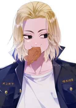 1boy absurdres artist_name black_eyes black_jacket blonde_hair buttons clothes_writing commentary_request crew_neck curtained_hair eating empty_eyes food food_in_mouth forehead full_mouth highres jacket kamori_ema looking_to_the_side male_focus mouth_hold open_clothes open_jacket partial_commentary pocket popped_collar sano_manjirou shirt short_hair simple_background solo taiyaki tokyo_revengers twitter_username upper_body wagashi white_background white_shirt