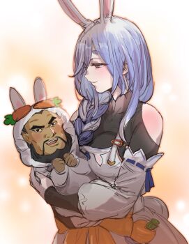 1boy 1girl animal_ears baby beard black_hair blue_hair bow_(bhp) breasts carrot carrying character_request closed_mouth commentary_request copyright_request detached_sleeves facial_hair hololive large_breasts mature_female mustache pekomama rabbit_ears rabbit_girl red_eyes smile temari_rin thick_eyebrows virtual_youtuber what white_sleeves