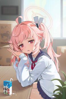 1girl absurdres ahoge blue_archive blue_skirt blurry box cardboard_box commentary_request depth_of_field drink_carton halo highres indoors long_hair long_sleeves looking_ahead milk_carton miniskirt natsu_(blue_archive) neckerchief own_hands_together parted_lips pink_eyes pink_hair pink_halo ponytail red_neckerchief school_uniform serafuku shirt sitting skirt solo table white_shirt yi_inm