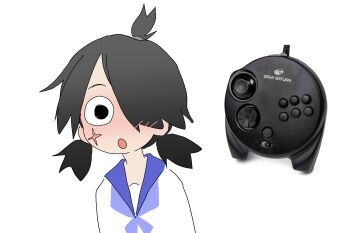 1girl :o absurdres black_eyes black_hair blue_neckerchief blue_sailor_collar blush controller cross_scar game_controller hair_over_one_eye highres looking_at_viewer low_twintails neckerchief one_eye_covered open_mouth orenjipiiru original personification sailor_collar scar school_uniform serafuku shirt short_hair short_twintails simple_background solo twintails white_background white_shirt