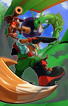 1other 2boys animal_ears baseball_cap black_eyes black_sclera blue_sky cloud colored_sclera crossover diddy_kong donkey_kong_(series) donkey_kong_country epic fighting flying fox fox_ears fox_mccloud gen_3_pokemon gun hat highres holding holding_gun holding_weapon in_orbit jetpack legendary_pokemon looking_at_another monkey monkey_boy monkey_tail multiple_boys nintendo open_mouth orb outdoors pokemon pokemon_(creature) pokemon_rse rayquaza sammytighe scouter serious sharp_teeth shoes sky star_fox super_smash_bros. tail teamwork teeth weapon yellow_eyes