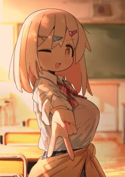 Rule 34 | 1girl, ;d, absurdres, aged down, blurry, blurry background, bow, bowtie, breasts, brown eyes, chair, chalkboard, clothes around waist, commentary, cowboy shot, desk, from side, gyaru, gyaru v, hair ornament, hairclip, highres, indoors, jacket, jacket around waist, kogal, large breasts, light blush, long hair, long sleeves, looking at viewer, looking to the side, nail polish, one eye closed, onii-chan wa oshimai!, open mouth, oyama matsuri, pink hair, pink nails, plaid bow, plaid bowtie, plaid clothes, plaid skirt, red bow, red bowtie, school chair, school desk, school uniform, shirt, skirt, sleeves rolled up, smile, solo, tsubatya, v, white shirt, wing collar, x hair ornament, yellow jacket