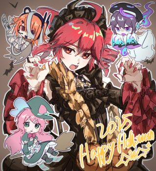 2025 4girls a.i._voice adachi_rei ahoge bandaged_head bandages bat_(animal) beret black_dress black_hat broom chibi chibi_inset claw_pose commentary_request detached_sleeves dress drill_hair fake_horns fangs frilled_hairband frills ghost green_dress green_eyes hairband halloween_costume happy_halloween hat highres horns kasane_teto kasane_teto_(halloween) looking_at_viewer momone_momo multiple_girls mummy_costume open_mouth orange_hair outline pink_eyes pink_hair purple_hair qiukui red_eyes red_hair red_nails solo_focus twin_drills utane_uta utau white_outline witch_hat