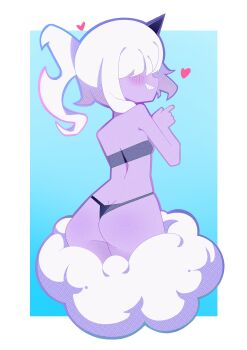 Rule 34 | 1girl, absurdres, ass, blush, cloud, colored skin, dazzi, hair over eyes, heart, highres, horns, long hair, noxtwice, pal (creature), palworld, panties, ponytail, purple horns, purple panties, purple skin, purple tube top, single horn, solo, strapless, tube top, underwear, white hair