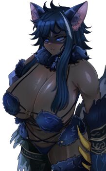 1girl animal_ears blue_eyes blue_hair breasts claw_(weapon) cleavage cosplay cowboy_shot dark-skinned_female dark_skin feather_hair_ornament feathers fur-trimmed_gloves fur-trimmed_legwear fur-trimmed_thighhighs fur_bikini fur_collar fur_trim gloves gugugu44630967 hair_ornament highres huge_breasts large_breasts limbus_company looking_at_viewer mash_kyrielight mash_kyrielight_(dangerous_beast) mash_kyrielight_(dangerous_beast)_(cosplay) open_mouth project_moon revealing_clothes rufo_(project_moon) shaded_face sharp_teeth simple_background solo tail teeth thighhighs weapon white_background wolf_ears wolf_tail