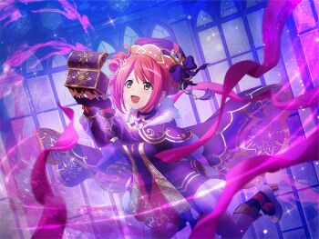 1girl aura box cape cosplay dark_aura dress fur-trimmed_cape fur_trim furrowed_brow game_cg gloves greek_mythology haair_bun hat holding holding_box kano_misora long_sleeves looking_at_object official_art open_mouth pandora_(mythology) purple_cape purple_dress purple_gloves purple_hat red_hair shoujo_kageki_revue_starlight shoujo_kageki_revue_starlight_-re_live- solo standing standing_on_one_leg upper_body yellow_eyes