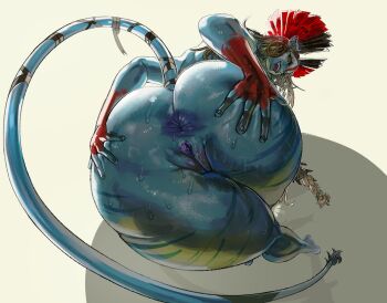 1girl absurdres alamander alien anus ass avatar:_fire_and_ash blue_skin colored_skin commentary fangs from_behind highres huge_ass james_cameron's_avatar long_hair looking_at_viewer na'vi open_mouth pointy_ears pussy simple_background smile solo spread_ass sweat tail thick_thighs thighs varang war_paint yellow_eyes