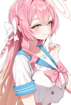 1girl blue_archive bow bowtie breasts closed_mouth commentary_request crop_top davo221020 green_eyes hair_bow halo hanako_(blue_archive) highres large_breasts long_hair looking_at_viewer pink_bow pink_hair pink_halo school_uniform short_sleeves simple_background smile solo white_background white_bow