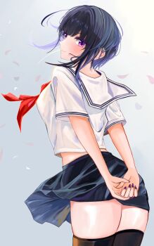 1girl absurdres arms_behind_back black_hair black_skirt black_thighhighs blush breasts cherry_blossoms commentary_request cropped_shirt falling_petals fingernails highres idolmaster idolmaster_cinderella_girls light_smile looking_at_viewer medium_breasts midriff miniskirt nail_polish neckerchief own_hands_together petals purple_eyes red_neckerchief school_uniform serafuku shirayuki_chiyo shirt short_hair short_sleeves skirt solo thighhighs white_shirt yamanade38
