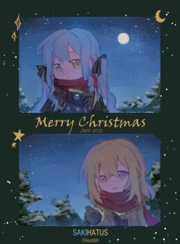 2girls bang_dream! bang_dream!_it's_mygo!!!!! black_gloves black_mittens black_ribbon blonde_hair blue_hair camera chiori000 commentary dated gloves hair_between_eyes hair_ribbon highres holding holding_camera long_hair misumi_uika mittens multiple_girls open_mouth purple_eyes red_scarf ribbon scarf ship_name sidelocks spoilers togawa_sakiko winter_clothes yellow_eyes