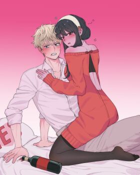 1boy 1girl bare_shoulders black_hair blonde_hair breasts dress hairband hetero highres husband_and_wife long_hair pants red_eyes saeng-yang shirt short_hair sidelocks spy_x_family sweater sweater_dress twilight_(spy_x_family) white_shirt yor_briar