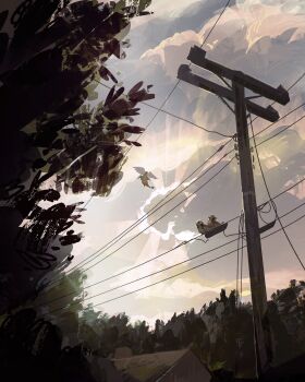 andewitt art_study cloud cloudy_sky commentary dragonite english_commentary from_below gen_1_pokemon highres house mega_dragonite mega_pokemon nintendo no_humans outdoors painterly pidgey pokemon pokemon_(creature) pokemon_focus scenery sky tree utility_pole