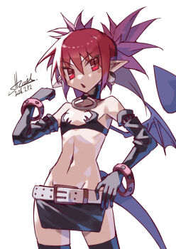 Rule 34 | 1girl, belt, black thighhighs, commentary request, demon girl, demon tail, disgaea, elbow gloves, etna (disgaea), flat chest, gloves, highres, miniskirt, navel, pointy ears, red eyes, red hair, skirt, solo, strail cycleman, tail, thighhighs