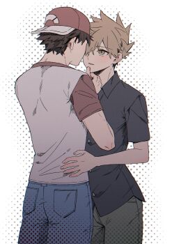 2boys backwards_hat baseball_cap ben-day_dots black_shirt blue_oak blue_pants brown_eyes brown_hair buttons collared_shirt commentary_request denim feet_out_of_frame grey_pants grey_shirt hand_on_another's_chin hand_on_another's_hip hat highres jeans looking_at_another male_focus multiple_boys nintendo pants parted_bangs parted_lips pk_rgr96 pokemon pokemon_sm red_(pokemon) red_hat screentones shirt short_sleeves spiked_hair standing t-shirt white_background wing_collar yaoi