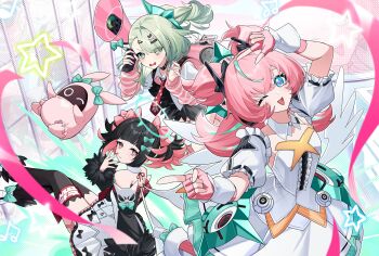 Rule 34 | 3girls, ;d, angels of delusion, aria (zenless zone zero), backpack, bag, bangboo (zenless zone zero), black hair, black thighhighs, blue eyes, commentary request, fingerless gloves, gloves, green eyes, green hair, hair ornament, hairclip, highres, holding, holding megaphone, kawaguticoc, megaphone, multicolored hair, multiple girls, musical note, nangong yu, one eye closed, open mouth, pink bag, pink gloves, pink hair, red eyes, smile, sparkling eyes, star (symbol), sunna (zenless zone zero), thighhighs, two-tone hair, white wings, wings, zenless zone zero