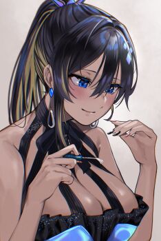 1girl absurdres bare_shoulders black_hair blonde_hair blue_dress blue_eyes blush breasts cleavage closed_mouth colored_inner_hair commentary dark-skinned_female dark_skin dress earrings fujisaki_subaru goddess_of_victory:_nikke hair_ornament high_ponytail highres holding jewelry large_breasts long_hair multicolored_hair multicolored_nails nail_polish noise_(nikke) ponytail sleeveless sleeveless_dress smile solo two-tone_hair