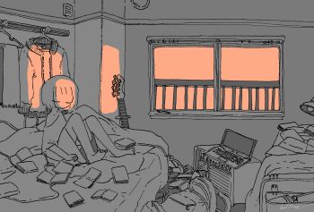 1girl air_conditioner backpack bag barefoot bed bedroom book closed_eyes clothes_hanger commentary computer desk_lamp greyscale guitar highres indoors instrument jacket kaduise knees_up lamp laptop monochrome no_mouth on_bed orange_theme original oversized_clothes oversized_shirt pen railing scarf shirt short_hair sitting solo spot_color unworn_backpack unworn_bag unworn_jacket unworn_scarf window