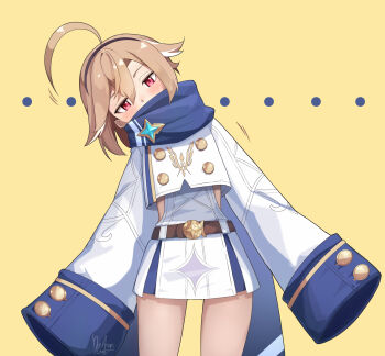 1girl ahoge antenna_hair blue_scarf brown_eyes brown_hair buttons clothing_cutout commentary double-breasted english_commentary expressive_hair firefly_(stella_sora) head_tilt heart heart_ahoge highres huge_ahoge long_hair long_sleeves looking_at_viewer midriff nathan_stefv scarf short_hair shorts shorts_under_skirt side_cutout skirt socks solo stella_sora white_shorts white_skirt white_socks