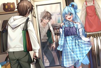 Rule 34 | 1boy, 1girl, aqua (konosuba), back, bag, black bag, black pants, blue bag, blue dress, blue eyes, blue hair, blue shirt, blue skirt, blush, blush visible through hair, brown hair, clothes shop, contemporary, dated, dress, full-length mirror, green bag, green eyes, hair between eyes, hair ornament, hair rings, hetero, highres, holding, holding bag, holding unworn clothes, holding unworn dress, kono subarashii sekai ni shukufuku wo!, light blush, long hair, long sleeves, looking at another, mirror, one eye closed, open mouth, pants, patterned clothing, petticoat, red bag, sarasara shoyu, satou kazuma, shirt, shopping, shopping bag, short hair, single hair ring, skirt, slip showing, smile, smiley face, sweater, teeth, unworn dress, upper teeth only, very long hair, white bag, white dress, white sweater, yellow bag