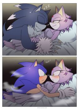 1boy 1girl animal_ears bed blaze_the_cat blue_fur blush boy_on_top cat_ears cat_girl claws forehead_jewel from_side furry furry_female furry_male gloves green_eyes highres nightgown on_bed pillow smile sonic_(series) sonic_the_hedgehog sonic_the_werehog white_gloves yellow_eyes yeonwu08 zzz