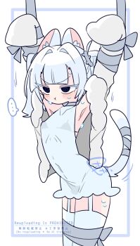 ... 1boy @_@ animal_ear_fluff animal_ears arched_back armpits arms_up bare_shoulders black_eyes blunt_bangs blush bound bound_legs bound_thighs bound_wrists bow bra bra_strap bulge cat_boy cat_ears cat_tail choker collarbone commentary covered_navel cowboy_shot crossdressing crossdressing_(mtf) dress ear_piercing eve_(op_na_yarou) fur-trimmed_jacket fur_trim garter_straps grey_bow grey_bra grey_choker grey_ribbon hair_intakes hair_tie highres jacket long_sleeves male_focus medium_hair microdress mole mole_under_eye motion_lines no_nose notched_ear off_shoulder op_na_yarou open_clothes open_jacket original piercing pout ribbon see-through_clothes see-through_dress sidelocks simple_background sleeveless sleeveless_dress sleeves_past_fingers sleeves_past_wrists solo speech_bubble spoken_ellipsis standing sweat tail tail_ornament tail_ribbon thighhighs thighs trap two_side_up underwear v-shaped_eyebrows watermark white_background white_dress white_hair white_jacket white_thighhighs