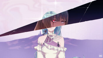 Rule 34 | 1girl, absurdres, alice (dkfl tm09too), artist logo, bare shoulders, blood, bloody tears, chromatic aberration, commentary, cut-in, dress, english commentary, grey hair, heterochromia, highres, logo, long hair, multicolored hair, musical note ornament, phrolova (wuthering waves), solo, streaked hair, upper body, white dress, wuthering waves