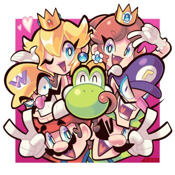 Rule 34 | 2girls, 4boys, blonde hair, blue eyes, blue overalls, brothers, brown hair, crown, dress, earrings, facial hair, fang, flower earrings, furrowed brow, gloves, green hat, green shirt, grin, hair between eyes, hat, jewelry, long hair, loulouvz, luigi, mario, mario (series), multiple boys, multiple girls, mustache, nintendo, one eye closed, open mouth, overalls, pink background, pink dress, pink lips, pointy ears, princess daisy, princess peach, purple hat, red hair, red shirt, shirt, siblings, smile, teeth, tongue, tongue out, v, waluigi, wario, white gloves, yellow dress, yoshi