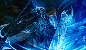 1boy absurdres armor artist_name beak bird_boy commentary elden_ring elden_ring_nightreign guardian_(elden_ring) highres holding holding_shield holding_weapon inktober male_focus pauldrons shield shoulder_armor solo temmaru1 weapon yellow_eyes