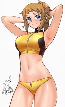 1girl absurdres armpits arms_behind_head arms_up blush breasts brown_hair commentary_request cowboy_shot crop_top dated gluteal_fold gundam gundam_build_fighters gundam_build_fighters_try heart highres hoshino_fumina large_breasts looking_at_viewer navel panties ponytail purple_eyes revision signature simple_background solo sports_bra stomach thighs turtleneck underwear white_background yellow_panties yellow_sports_bra yoo_tenchi