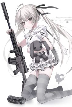 Rule 34 | 1girl, ahoge, alternate costume, animal hood, artist name, ascii art, black bow, black ribbon, bow, breasts, cross, explosive, expressionless, grenade, grey eyes, grey thighhighs, gun, hair between eyes, hair ribbon, heart, hexenmesser, highres, holding, holding gun, holding stuffed toy, holding weapon, hood, jacket, kasugano sora, kneeling, light blush, long hair, looking at viewer, miniskirt, rabbit hood, ribbon, rifle, safety pin, short sleeves, simple background, skindentation, skirt, small breasts, solo, striped clothes, striped thighhighs, stuffed animal, stuffed rabbit, stuffed toy, thighhighs, twintails, very long hair, weapon, white background, white hair, white jacket, white skirt, yosuga no sora, zettai ryouiki