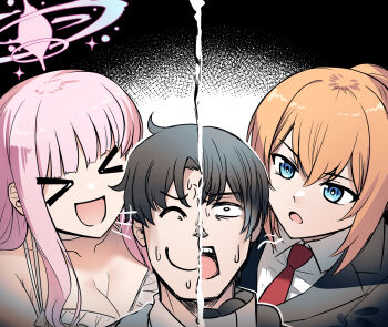 >_< 1boy 2girls :d bikini black_hair black_jacket blue_archive blue_eyes breasts choker cleavage collared_shirt commander_(girls'_frontline) commentary doodle_sensei_(blue_archive) english_commentary frilled_bikini frills girls'_frontline girls'_frontline_2:_exilium halo highres jacket kalina_(girls'_frontline) large_breasts looking_at_another mika_(blue_archive) mika_(swimsuit)_(blue_archive) multiple_girls necktie nervous_sweating open_mouth orange_hair pink_hair red_necktie senpaihawkkun sensei_(blue_archive) shirt smile sweat swimsuit touyama_nao upper_body voice_actor_connection white_bikini white_choker white_shirt xd