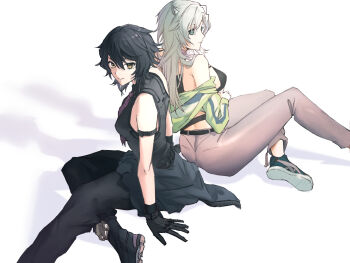 2girls animal_ears ass bare_shoulders belt black_belt black_bra black_gloves black_hair black_pants black_shirt black_shoes black_tank_top blue_shoes bra breasts closed_mouth clothes_around_waist clothes_pull commentary commission english_commentary foot_out_of_frame from_behind from_side gloves green_eyes green_jacket grey_pants hair_between_eyes highres jacket jacket_pull large_breasts long_hair looking_to_the_side madoro_q medium_breasts mole mole_under_eye multiple_girls necktie nose original pants parted_lips purple_necktie shadow shirt shoes short_hair sideboob simple_background sitting skeb_commission smile sneakers tank_top underwear white_background yellow_eyes