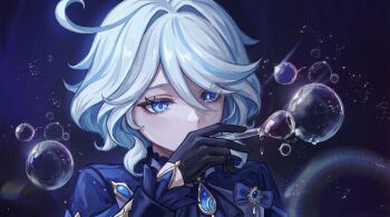 Rule 34 | 1girl, ahoge, artist request, ascot, black gloves, blue ascot, blue eyes, blue gem, bubble, commentary, drop-shaped pupils, english commentary, eyebrows hidden by hair, furina (genshin impact), gem, genshin impact, gloves, hair between eyes, heterochromia, highres, holding, lekaniart, light particles, long sleeves, medium hair, multicolored hair, simple background, solo, swept bangs, symbol-shaped pupils, two-tone hair, underwater, white hair